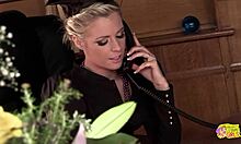 blonde milf in stockings and heels guides girlfriend through dildo exploration session