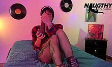 Beautiful 80s retro brunette spreads legs masturbates pussy teases huge tits for boyfriend