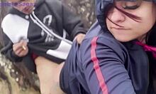 Flashing big natural tits on the beach turns into bent over doggystyle with a huge cock