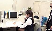 asian office babe squirts wildly from ass toys in uncensored jav threesome seduction!