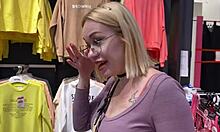 who's ready for this sexy blonde babe's deepthroat blowjob in changing booth?!