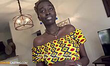 Upside-down ebony babe's big tits shake during rough casting throatfuck