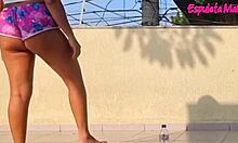 Brunette's Tucked Shorts Outdoor Tease