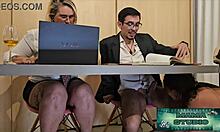 mama sneaks under desk for bbc anal toy creampie interracial quickie