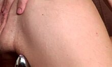 bored waitress spreads legs for wet solo toy play in hotel