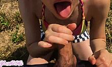 Outdoor Blowjob Swallows Cum in Mouth from Sexy Wife Lips