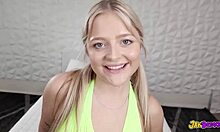 that blonde teen drops to her knees for an insane deepthroat on huge bbc, swallowing every drop