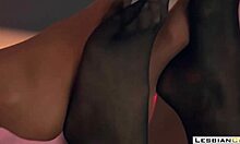 Lesbian mistress in heels nylons rips panties for strapon pussy fingering lick fetish