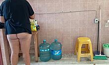 Chubby fat madrastra cleans kitchen then gets her curvy ass fucked hard!