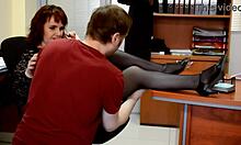 redhead milf in stockings hikes skirt for office pussy licking under desk at work