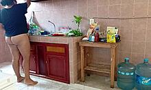 Chubby fat madrastra cleans kitchen then gets her curvy ass fucked hard!