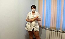 Curvy nurse gaps hairy pussy with dildo under gown at work!!