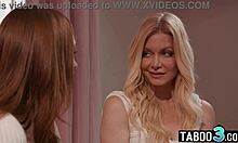 Lesbian blonde milf stepmom licks and fingers redhead teen stepdaughter's pussy goodbye