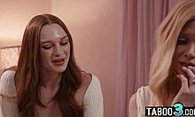 Lesbian blonde milf stepmom licks and fingers redhead teen stepdaughter's pussy goodbye