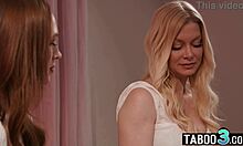 Lesbian blonde milf stepmom licks and fingers redhead teen stepdaughter's pussy goodbye