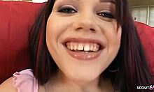 Slim redhead with saggy natural tits and blue eyes picked up for first mmf threesome rough double penetration at casting