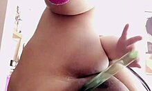 Latina BBW with big hairy ass masturbates solo on bed in homemade close-up