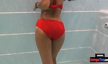 amateur teen couple teases foreplay in public pool then bangs doggystyle outdoors