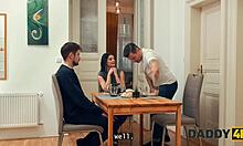 Daddy4k hot gf cheats quietly with father-in-law while watching tv