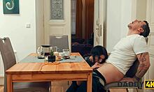 Daddy4k hot gf cheats quietly with father-in-law while watching tv