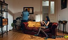 Daddy4k hot gf cheats quietly with father-in-law while watching tv