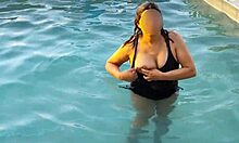 Beautiful stepmom flashes tits at pool craving public cock