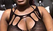 Curvy ebony amateur with huge natural tits fucks fat pussy solo using big dildo in bed!