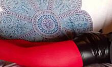 whoa! milf's sexy legs in red pantyhose and black heels!!