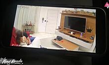 corny husband catches hot wife fucking friend on home sofa security cam cumshot