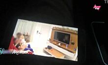 corny husband catches hot wife fucking friend on home sofa security cam cumshot