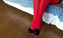 whoa! milf's sexy legs in red pantyhose and black heels!!