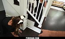 Step daddy catches stepdaughter's shaved pussy eaten by bestie bent over!