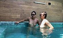 Busty Girlfriend Straddles Poolside with Hidden Toy Tease