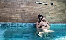 Busty Girlfriend Straddles Poolside with Hidden Toy Tease