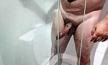 brazilian pornstar bear strokes huge cock in shower cumshot