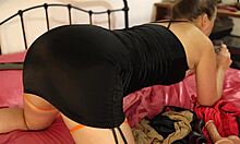 french milf in tight black satin dress gets rimmed and blown during clothed doggystyle
