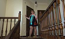 Beautiful chubby BBW milf fingers her gaping hairy big pussy post-shower on stairs