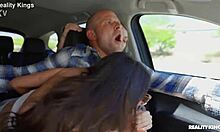 roadside threesome explodes with amateur handjobs blowjobs and cowgirl rides in the car!!