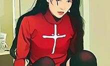 damn this tiny asian teen ai clone rides her first huge dildo so tight