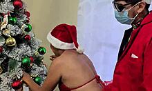 hot latina milf stepmom unwraps stepson's cock for bedroom taboo christmas fuck