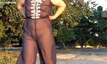 yo check out this hairy mature dude rocking transparent gear outdoors flashing his chubby beaver