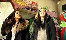 julia parker and maria gail risk bareback ffm threesome with rough outdoor doggystyle and ass licks at abandoned spot