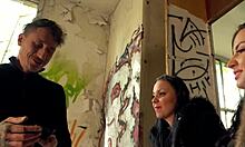 julia parker and maria gail risk bareback ffm threesome with rough outdoor doggystyle and ass licks at abandoned spot