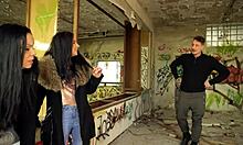 julia parker and maria gail risk bareback ffm threesome with rough outdoor doggystyle and ass licks at abandoned spot