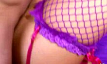 i'm the black hair slim bitch saggy tits in purple lingerie fishnets client rough fucks me no condom