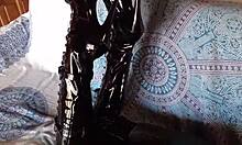 Petite milf shines in total black fishnets pantyhose boots