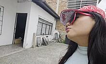 homeless hitchhiker girl eats banana while couple roughly bends her over for public outdoor doggy anal threesome