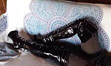 Petite milf shines in total black fishnets pantyhose boots