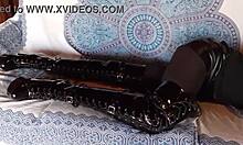 Petite milf shines in total black fishnets pantyhose boots