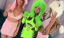 Inked adorable girl slips into cute outfit teases massive dildo ride